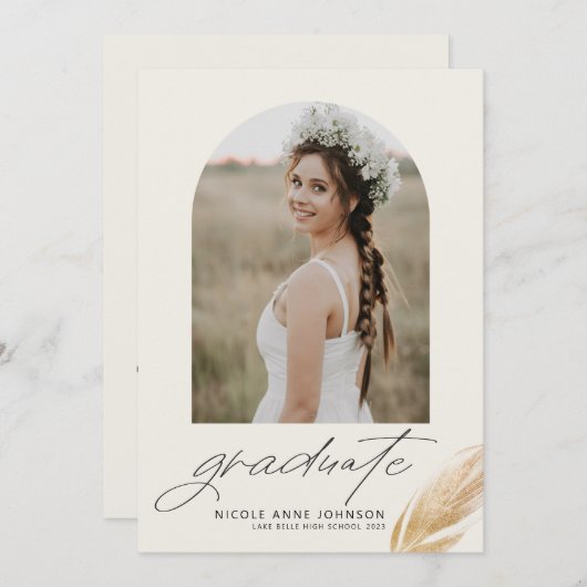 Faire-part Boho Gold Parties scintillant Feather Photo Gradua (Devant / Derrière)