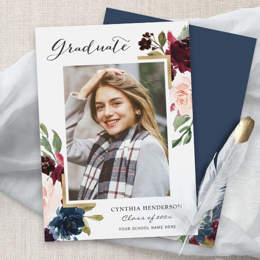 Faire-part Boho Navy Blush Floral Botanical Graduation Senior