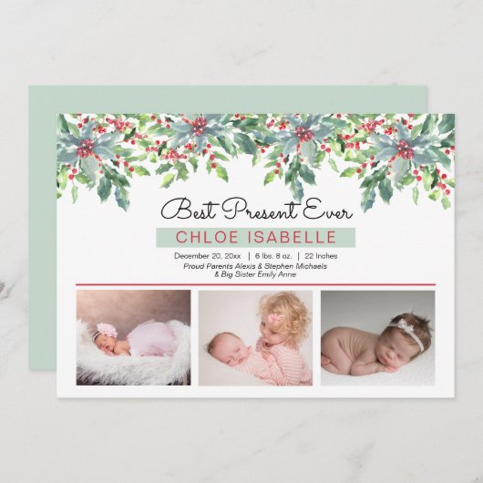 Faire-part Boho Noël vert meilleur présent jamais naître A (Devant / Derrière)