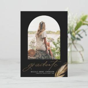Faire-part Boho Paillet Or Plume Noir Photo Remise Diplôme
