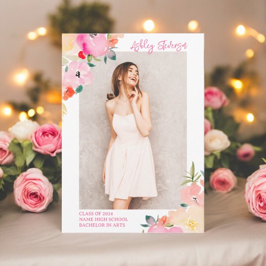 Faire-part Boho rose printemps chic jardin fleuri graduation