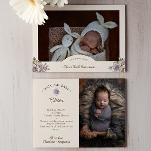 Faire-part Boho Vintage Floral Beige Deux Photo Naissance