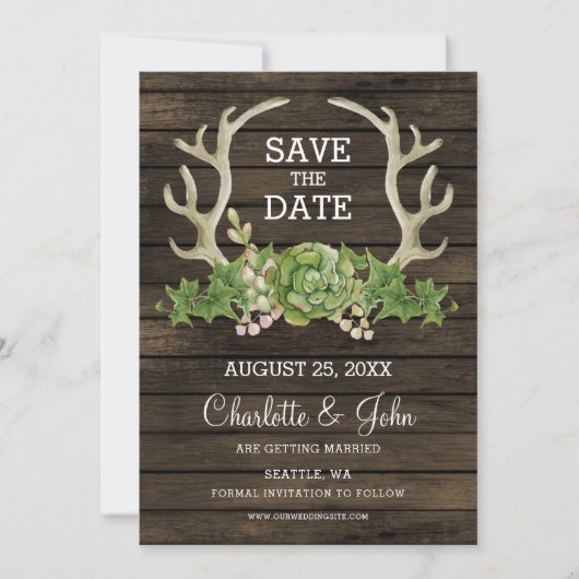 Faire-part Bois de grange rustique Antlers succulents Enregis (Devant)