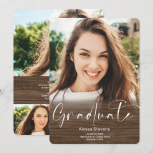 Faire-part Bois rustique ombre script 4 photos graduation
