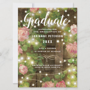 Faire-part Bois Rustique Roses Floral Chaîne Lumières Graduat