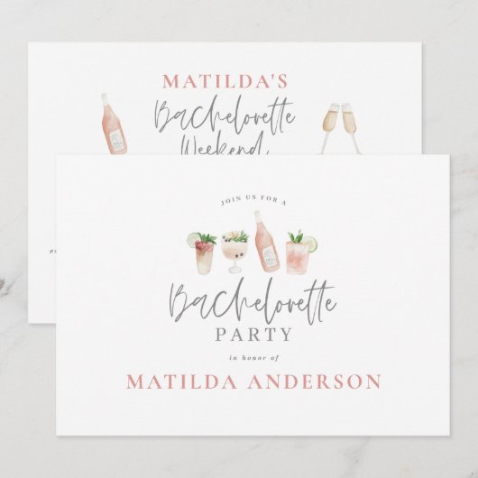 Faire-part Boissons roses de fille itinéraire week-end de bac (Devant / Derrière)