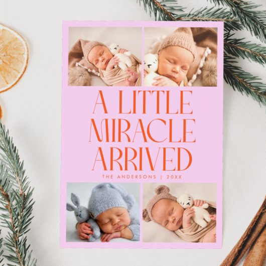 Faire-part Bold Little Miracle Xmas Orange Pink Photo Birth
