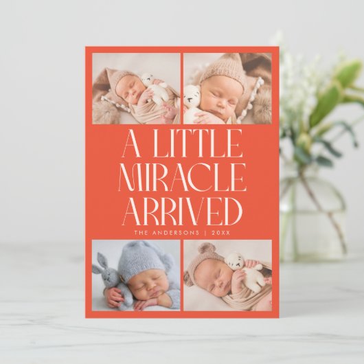 Faire-part Bold Little Miracle Xmas Red Photo Birth (Debout devant)