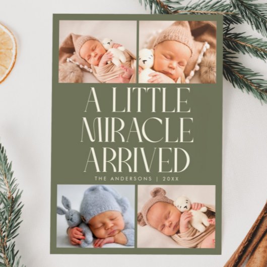 Faire-part Bold Little Miracle Xmas Sage Green Photo Birth