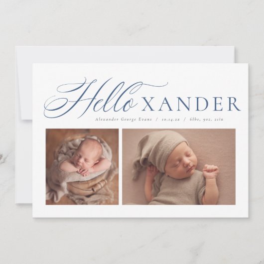 Faire-part Bonjour élégant script deux photo marine bleu garç (Devant)