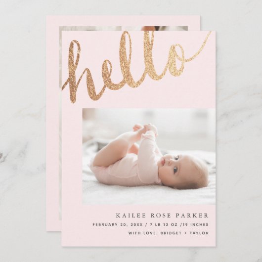 Faire-part Bonjour Gold et rose Script photo naissance (Devant / Derrière)