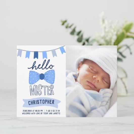 Faire-part Bonjour Mister Blue Bow Cravate Photo Boy Birth (Debout devant)