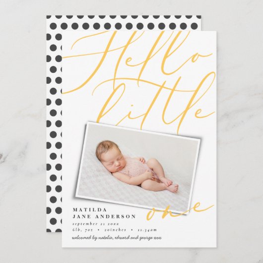 Faire-part Bonjour moderne jaune 1 typographie photo (Devant / Derrière)