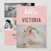 Faire-part Bonjour Mon Nom Est Photo Collage Couronne Rose Na (Devant / Derrière)