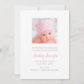Faire-part Bonjour Monde Pink Script Photo Bébé Fille Naissan (Dos)