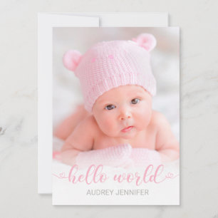 Faire-part Bonjour Monde Pink Script Photo Bébé Fille Naissan