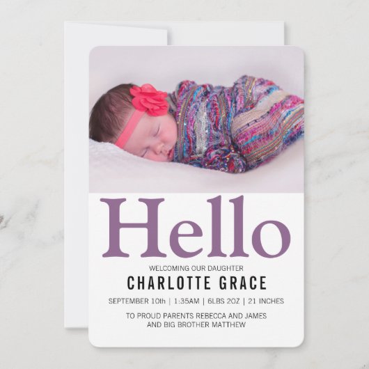 Faire-part Bonjour Nouveau bébé violet personnalisé (Devant)