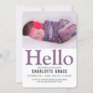 Faire-part Bonjour Nouveau bébé violet personnalisé