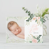 Faire-part Bonjour petite photo florale rose (Debout devant)