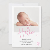 Faire-part Bonjour rose script coeur photo fille bébé naissan (Devant)