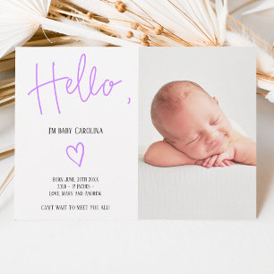 Faire-part Bonjour script coeur pourpre photo bébé fille nais