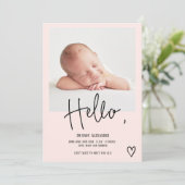 Faire-part Bonjour script de coeur photo blush mignon bébé na (Debout devant)