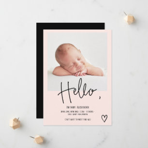 Faire-part Bonjour script de coeur photo blush mignon bébé na