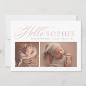 Faire-part Bonjour script élégant deux photo rose naissance (Devant)