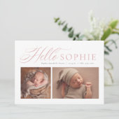 Faire-part Bonjour script élégant deux photo rose naissance (Debout devant)