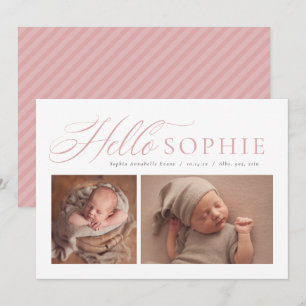 Faire-part Bonjour script élégant deux photo rose naissance