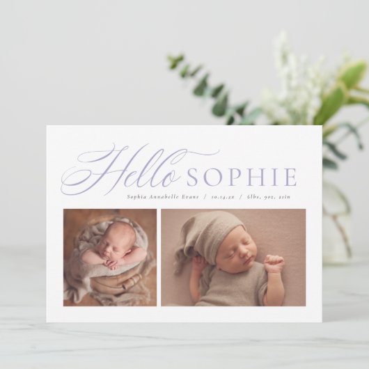 Faire-part Bonjour script élégant deux photo violet naissance (Debout devant)