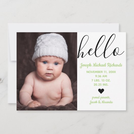 Faire-part Bonjour Script Photo Vert - Annonce de Naissance (Devant)