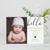 Faire-part Bonjour Script Photo Vert - Annonce de Naissance (Debout devant)