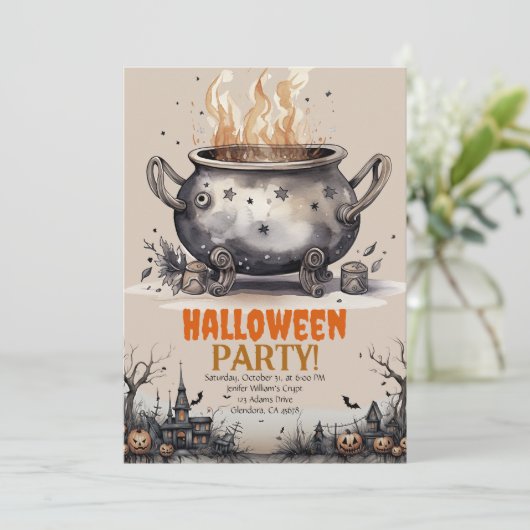 Faire-part Bonne Halloween Éffrayant Cauldron Party Invitatio (Debout devant)