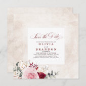 Faire-part Bourgogne Rouge Floral Élégant Enregistrer La Date (Devant / Derrière)