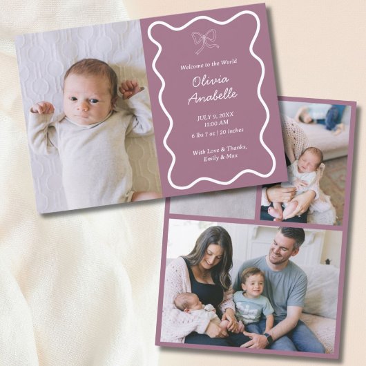 Faire-part Bow mauve personnalisé Boho ondulé Collage bébé na