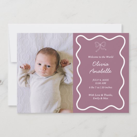 Faire-part Bow mauve personnalisé Boho ondulé Collage bébé na (Devant)