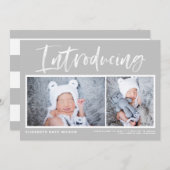 Faire-part Brosse Calligraphie Gris Photo Collage Naissance (Devant / Derrière)