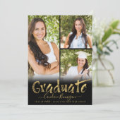 Faire-part Brosse d'or noir moderne collage photo pour diplôm (Debout devant)