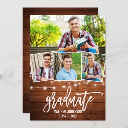 Faire-part Brush Script Wood Lights 4 Photo Graduation (Devant / Derrière)