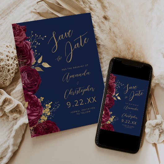 Faire-part Burgundy Gold Floral Script Navy Save the Date