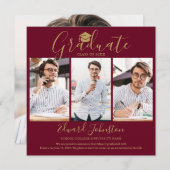 Faire-part Burgundy Gold Script Graduate 4 Photo Graduation (Devant / Derrière)