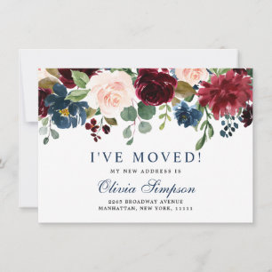 Faire-part Burgundy Marine Bleu Blush Floral Aquarelle Moving