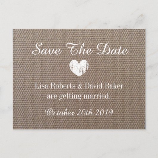 Faire-part Burlap Enregistrer la date Carte postale mariage a (Devant)