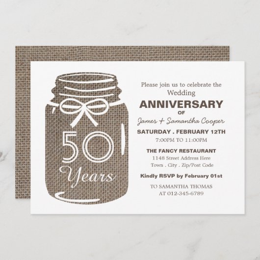 Faire-part Burlap Mason Jar, Anniversaire (Devant / Derrière)