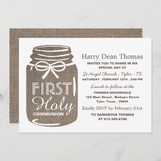 Faire-part Burlap Mason Jar, Première Sainte Communion (Devant / Derrière)