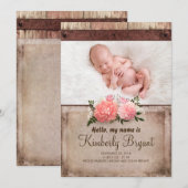 Faire-part Burlap rustique et Wood Baby Girl Photo Birth (Devant / Derrière)