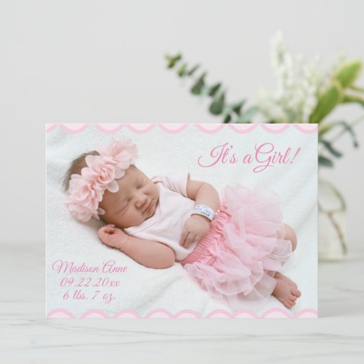 Faire-part C’est une fille Script Photo Rose Girly Elegant Bi (Debout devant)