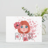 Faire-part C’est une fille, une fleur rose, une petite fille, (Debout devant)