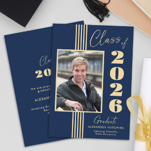 Faire-part Cadre photo Navy Or Class de 2026 Graduation